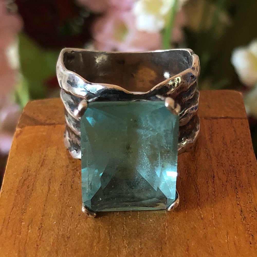 Vintage Silpada Sterling Silver Aqua Glass Statement Ring Size 8 - Picture 2 of 14